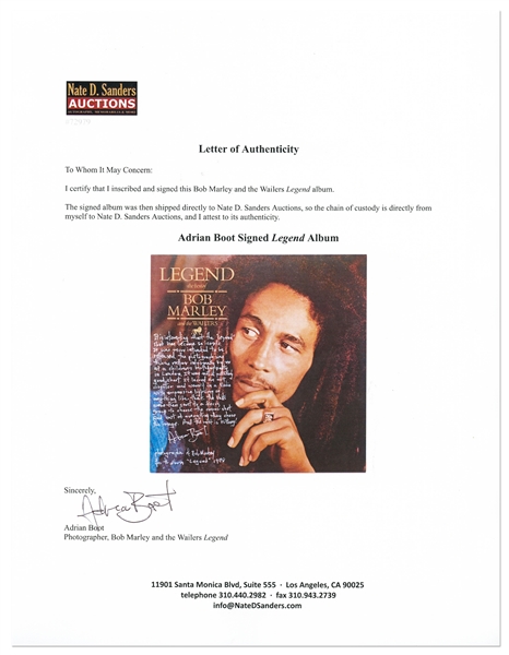 Bob Marley and the Wailers ''Legend'' Album, Signed by the Photographer Who Explains How He Captured the Iconic Shot of Marley