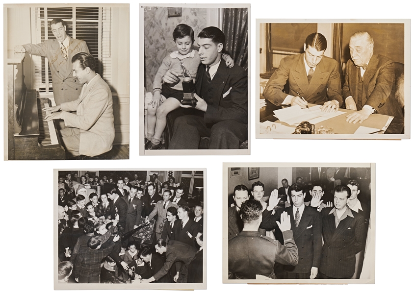 Joe DiMaggio Signed Photo Without Inscription -- Plus Four 1930-40s Press Photos of DiMaggio