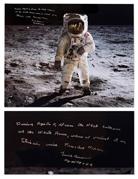 Frank Borman Signed 20'' x 16'' Apollo 11 ''Visor'' Photo -- Borman Writes that He Watched the Apollo 11 Moon Landing with Nixon