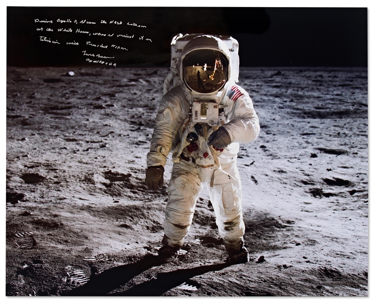 Frank Borman Signed 20'' x 16'' Apollo 11 ''Visor'' Photo -- Borman Writes that He Watched the Apollo 11 Moon Landing with Nixon