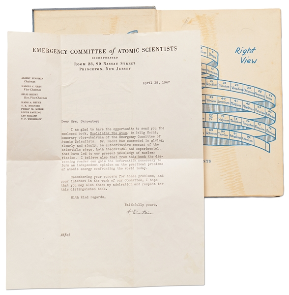 Rare Albert Einstein 1947 Letter Signed as Chairman of the Emergency Committee of Atomic Scientists -- Includes Book Gifted by Einstein to Educate the Public About Nuclear Energy