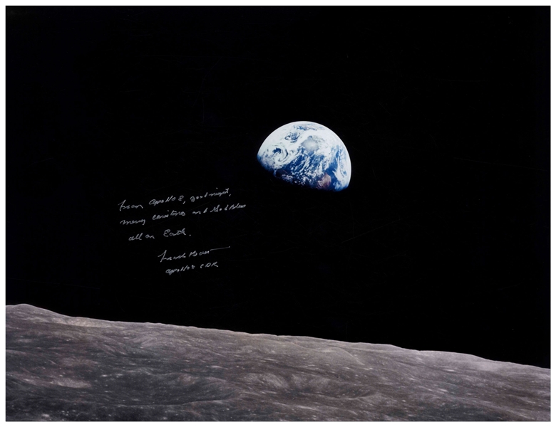 Frank Borman Signed 20'' x 16'' ''Earthrise'' Photo -- ''...Good night, Merry Christmas and God Bless all on Earth...''