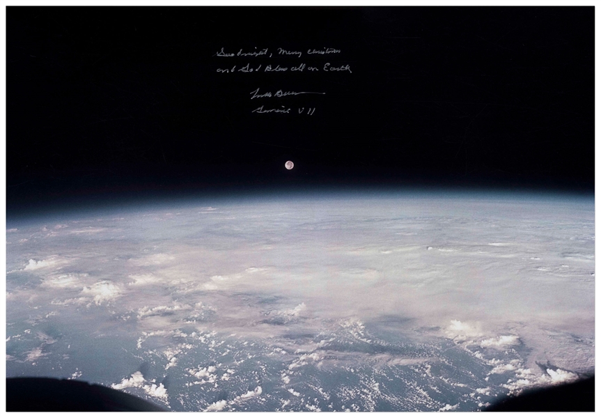 Frank Borman Signed 20'' x 16'' Photo of the Earth and Moon -- ''...Good night, Merry Christmas and God Bless all on Earth...''