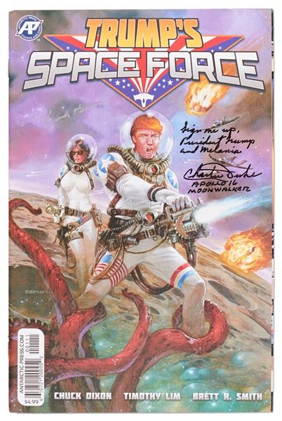 Apollo Astronauts Charlie Duke and Frank Borman Signed Copy of ''Trump's Space Force'' -- Duke Writes ''Sign me up, President Trump and Melania''