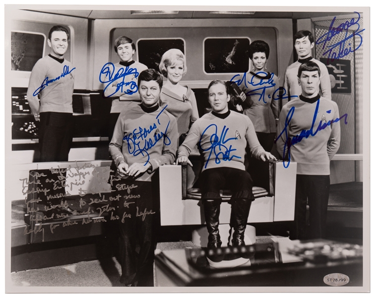 Star Trek Cast-Signed 14'' x 11'' Photo -- With William Shatner Additionally Handwriting the Famous Opening Sequence