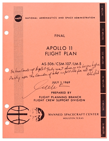 William Shatner Signed Apollo 11 Fight Plan with Handwritten Sentiment -- ''The brave souls of Apollo 11 truly went where no man had gone before...''