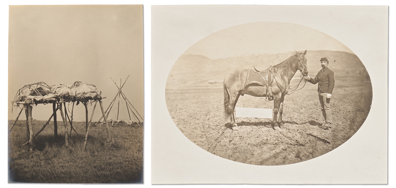 Lot of Two Photographs by David F. Barry -- Includes Photos of a Sioux Burial Place - a Body Raised up on Scaffolding - and Comanche, ''only surviving horse of the Custer Fight''