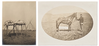 Lot of Two Photographs by David F. Barry -- Includes Photos of a Sioux Burial Place - a Body Raised up on Scaffolding - and Comanche, only surviving horse of the Custer Fight