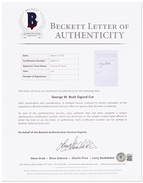 George W. Bush Signed Speech Delivered on 19 March 2003, Announcing the Commencement of Operation Iraqi Freedom -- With Beckett COA