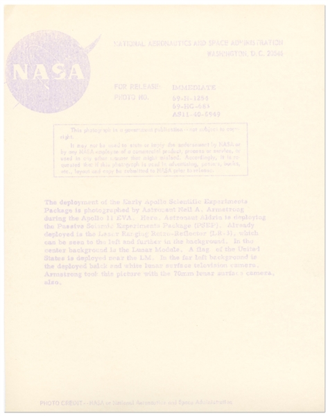 Apollo 11 NASA Photo with NASA Press Release and ''Meatball'' Logo on Verso