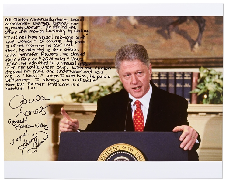 Paula Jones, Gennifer Flowers & Kathleen Wlley Signed 20'' x 16'' Photo of Bill Clinton During the Infamous ''Finger Wagging'' Press Conference