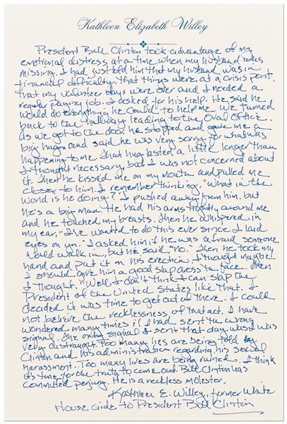 Kathleen Willey Autograph Essay Signed Describing Her Encounter with Bill Clinton in the Oval Office -- ''...Too many lives are being ruined...He is a reckless molester...''