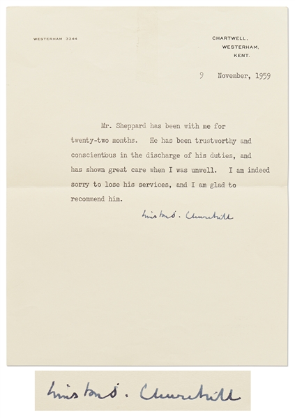 Winston Churchill Signed Letter of Recommendation -- With PSA/DNA COA