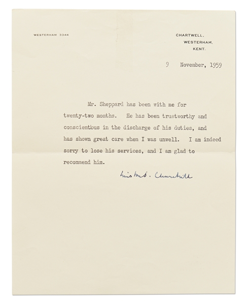 Winston Churchill Signed Letter of Recommendation -- With PSA/DNA COA