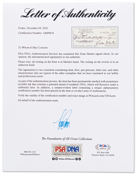 Dean Martin Signed & Handwritten Check