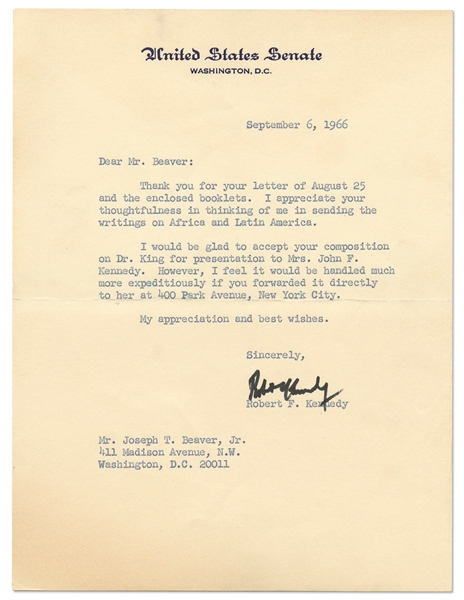 Robert F. Kennedy Letter Signed as U.S. Senator -- RFK Writes to One of the First Black Men to Serve in the U.S. Marines -- With University Archives COA