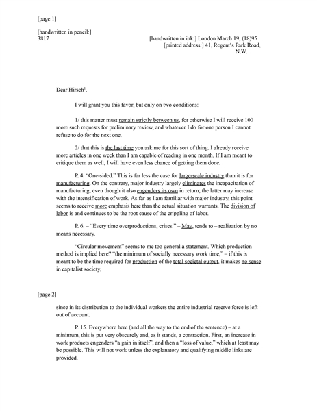 Scarce Friedrich Engels Autograph Letter Signed Mentioning a Capitalist Society & System, Division of Labor, Industry, Labor, Machinery, Manufacturing, Production Lines and the Worker