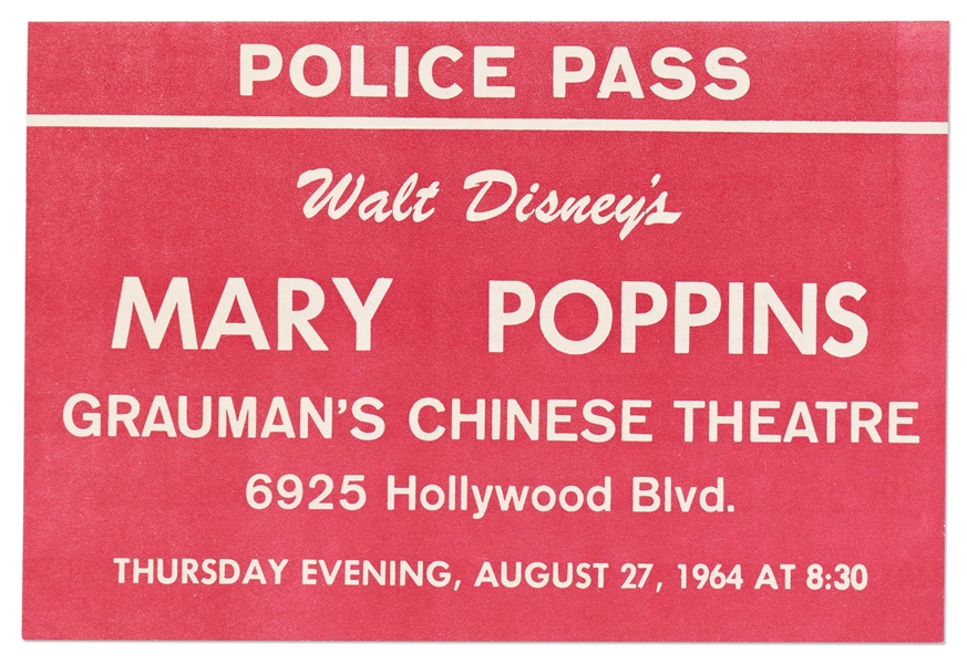 Police Pass & Information Card for the 1964 Premiere of ''Mary Poppins'' -- Housed in Postmarked Envelope Addressed to ''Mary Poppins'' Screenwriter & Producer Bill Walsh