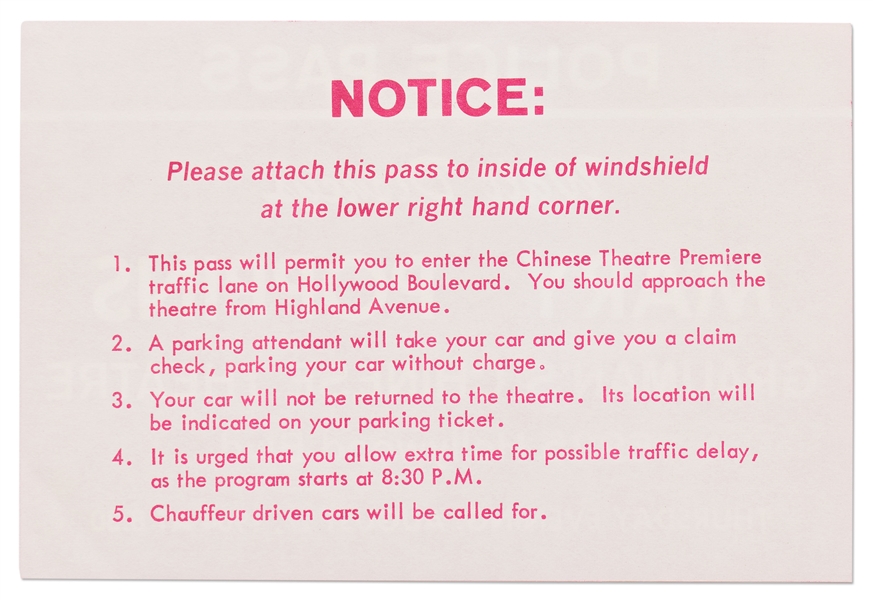 Police Pass & Information Card for the 1964 Premiere of ''Mary Poppins'' -- Housed in Postmarked Envelope Addressed to ''Mary Poppins'' Screenwriter & Producer Bill Walsh