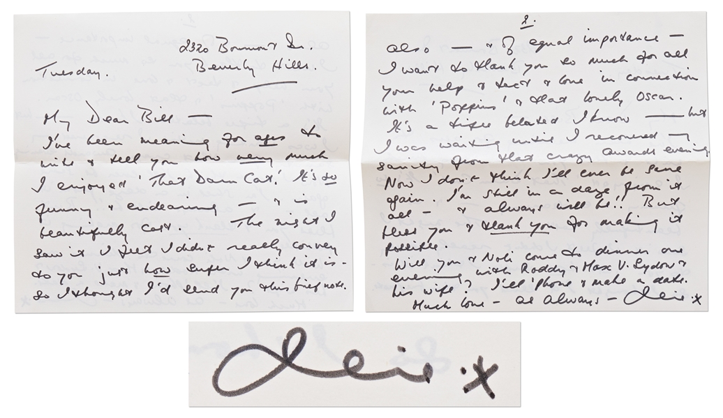 Julie Andrews Autograph Letter Signed to ''Mary Poppins'' Producer Bill Walsh -- ''...thank you so much for...'Poppins' & that lovely Oscar...I'm still in a daze from it all...''