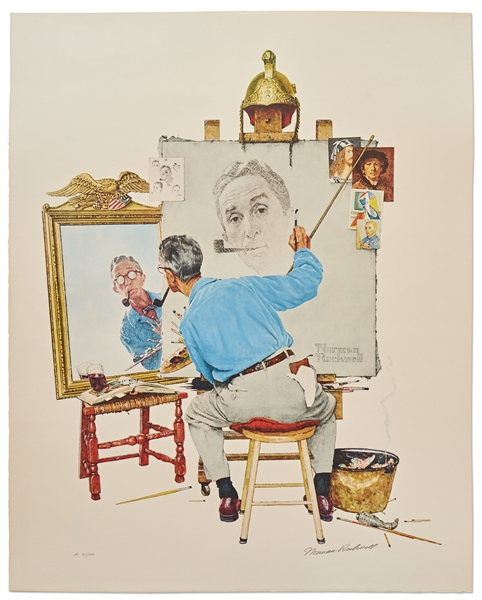 Norman Rockwell Signed Limited Edition Lithograph of ''Triple Self-Portrait'' -- Measures 24'' x 30'' in Near Fine Condition