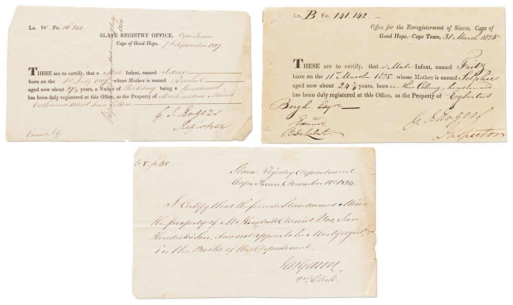 Lot of Three Slavery Registration Documents from Cape Town, South Africa in the 1820s -- ''The female slave...does not appear to be mortgaged''
