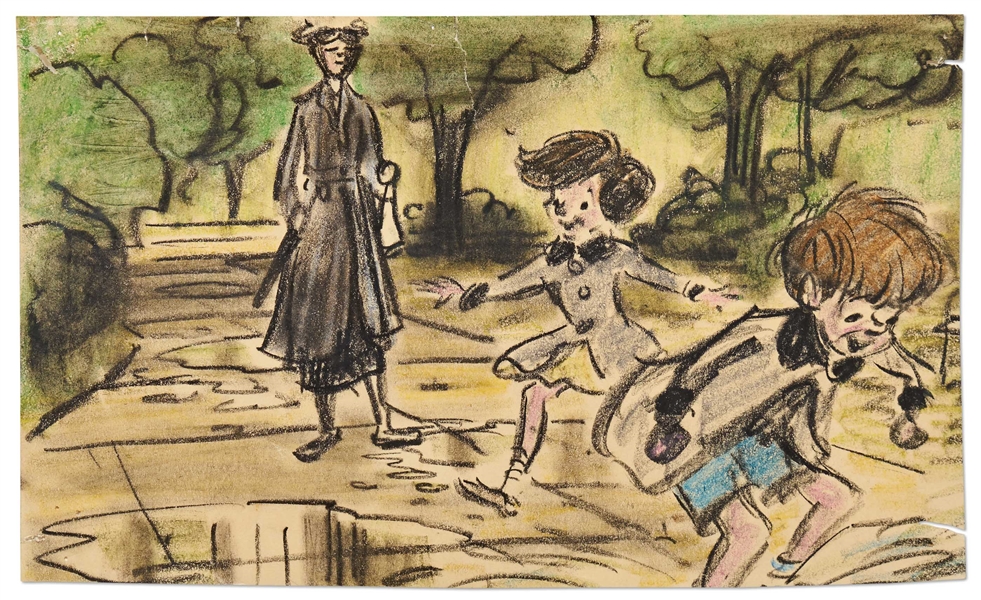 ''Mary Poppins'' Storyboard Artwork -- Michael and Jane Play in the Rain as Mary Looks on