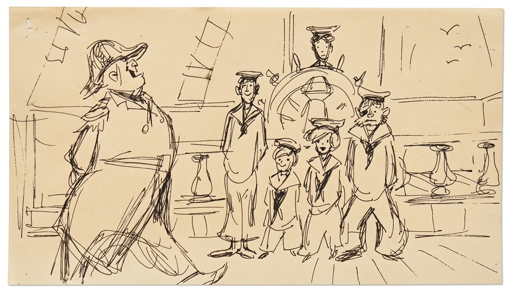 ''Mary Poppins'' Storyboard Artwork -- Showing a Scene Not in the Final Film of Mary, Michael and Jane With Admiral Boom and Two Sailors