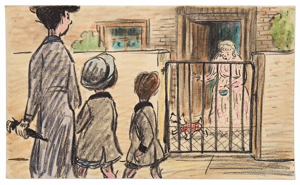 ''Mary Poppins'' Storyboard Artwork -- Mary Poppins, Jane and Michael Watch Miss Lark With Andrew the Dog