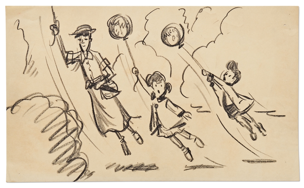 ''Mary Poppins'' Storyboard Artwork -- Mary Poppins, Michael and Jane Float Into the Sky by Balloons