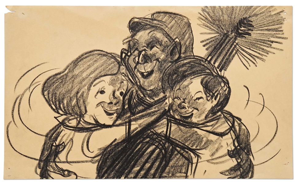 ''Mary Poppins'' Storyboard Artwork -- Jane and Michael Hug Bert as Chimney Sweeper