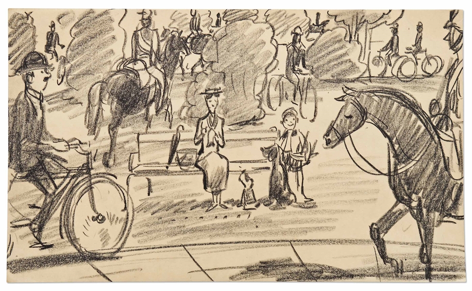 ''Mary Poppins'' Storyboard Artwork -- Mary Poppins Is Surrounded by a Bustling London Park Scene With Andrew the Dog at Her Feet