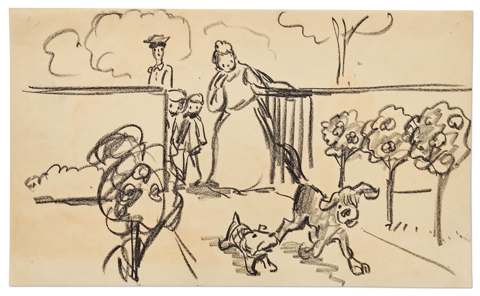 ''Mary Poppins'' Storyboard Artwork -- Mary Poppins, Miss Lark and the Children Watch the Dogs