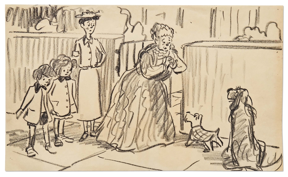 ''Mary Poppins'' Storyboard Artwork -- Miss Lark Pleads With the Dogs as Mary and the Children Look on