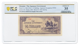 General Douglas MacArthur Signed Currency -- 1/2 Shilling Note Issued by the Japanese Government in 1942 as Occupation Currency for the Pacific -- Encapsulated by PCGS & Authenticated by PSA/DNA