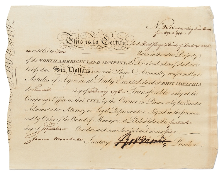 Robert Morris Signed Stock Certificate for Shares in the North American Land Company