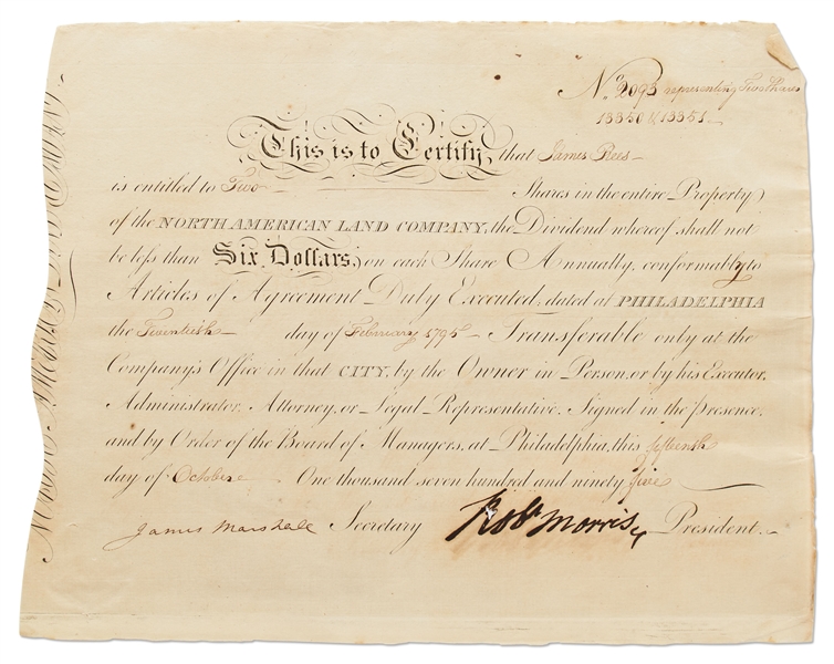 Robert Morris Signed Stock Certificate for Shares in the North American Land Company