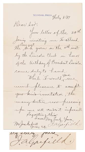 James Garfield Letter Signed as President-Elect