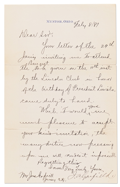 James Garfield Letter Signed as President-Elect