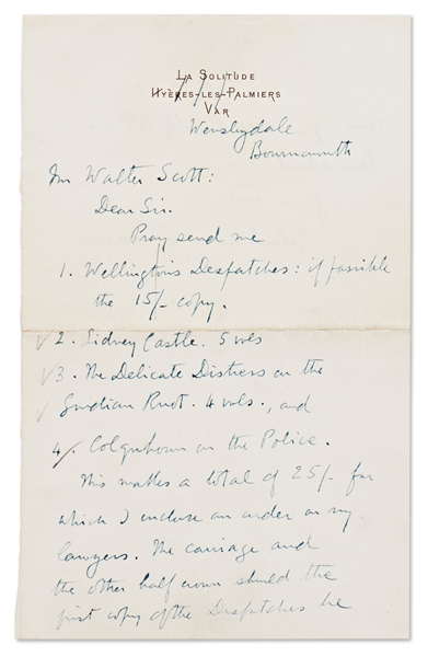 Robert Louis Stevenson Autograph Letter Signed from 1884 -- Stevenson Requests Four Books from a Bookseller