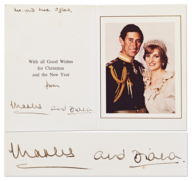 Princess Diana and Prince Charles Signed Christmas Card from 1981 -- Their First Christmas Card Featuring a Photo of the Couple from Their Wedding Day