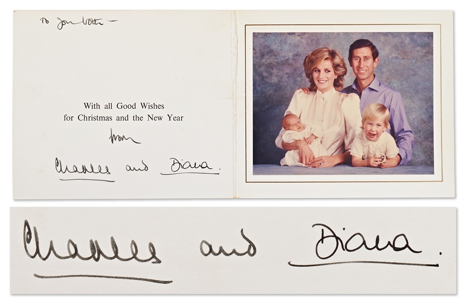 Princess Diana and Prince Charles Signed Christmas Card from 1984 -- With Family Portrait of Prince William & Prince Harry as an Infant