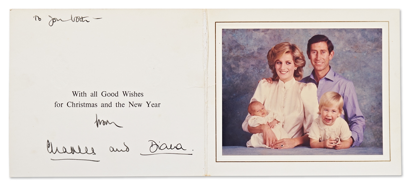 Princess Diana and Prince Charles Signed Christmas Card from 1984 -- With Family Portrait of Prince William & Prince Harry as an Infant