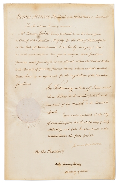 James Monroe Document Signed as President, Recognizing the Swedish Counsul in Philadelphia -- Countersigned by John Quincy Adams as Secretary of State