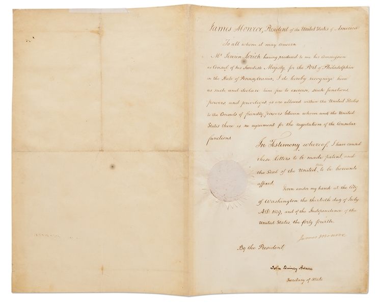 James Monroe Document Signed as President, Recognizing the Swedish Counsul in Philadelphia -- Countersigned by John Quincy Adams as Secretary of State