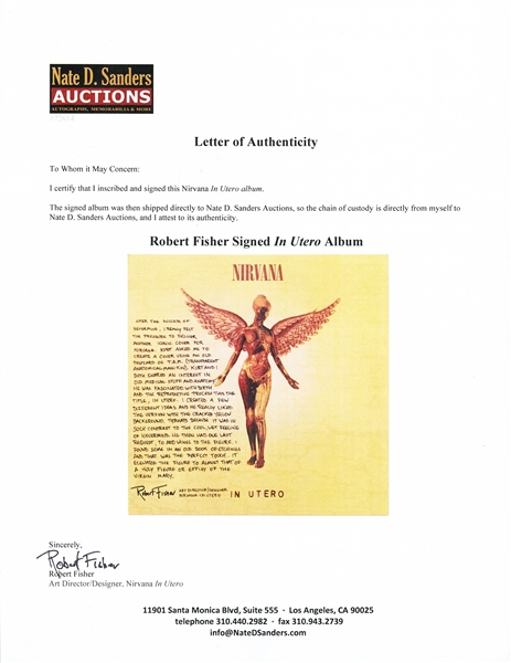 Nirvana's ''In Utero'' LP Record Album, with a Signed Description by Art Director Robert Fisher Regarding the Famous Cover Artwork
