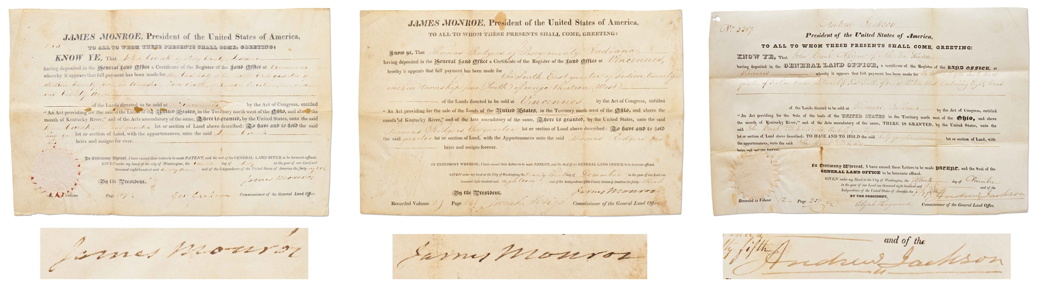 Lot of 3 Presidential Signed Documents -- Two James Monroe Signed Land Grants & One Andrew Jackson Signed Land Grant