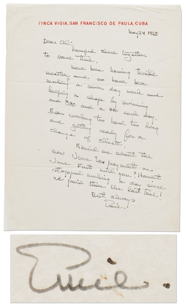 Ernest Hemingway Autograph Letter Signed from 1958 -- ''...been working a seven day week...Been working too hard too long ...''