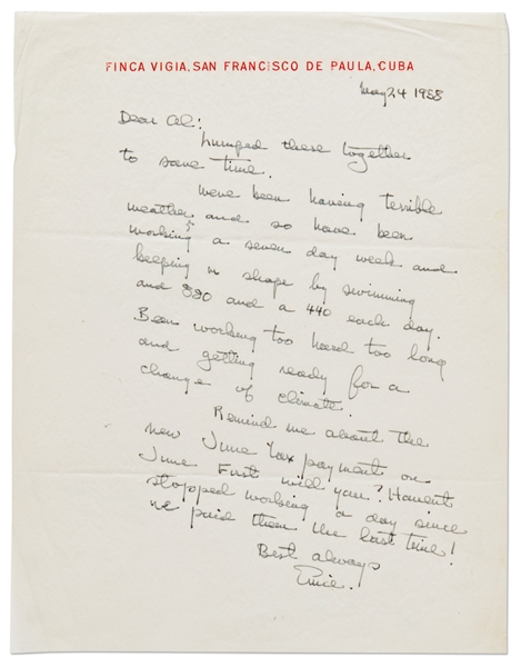 Ernest Hemingway Autograph Letter Signed from 1958 -- ''...been working a seven day week...Been working too hard too long ...''