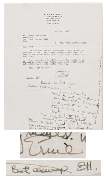 Ernest Hemingway Autograph Note Signed & Initialed Regarding ''The New York Review'' -- ''...This a part of To Have and Have Not. No reason to reprint it...it is a sorry looking magazine...''